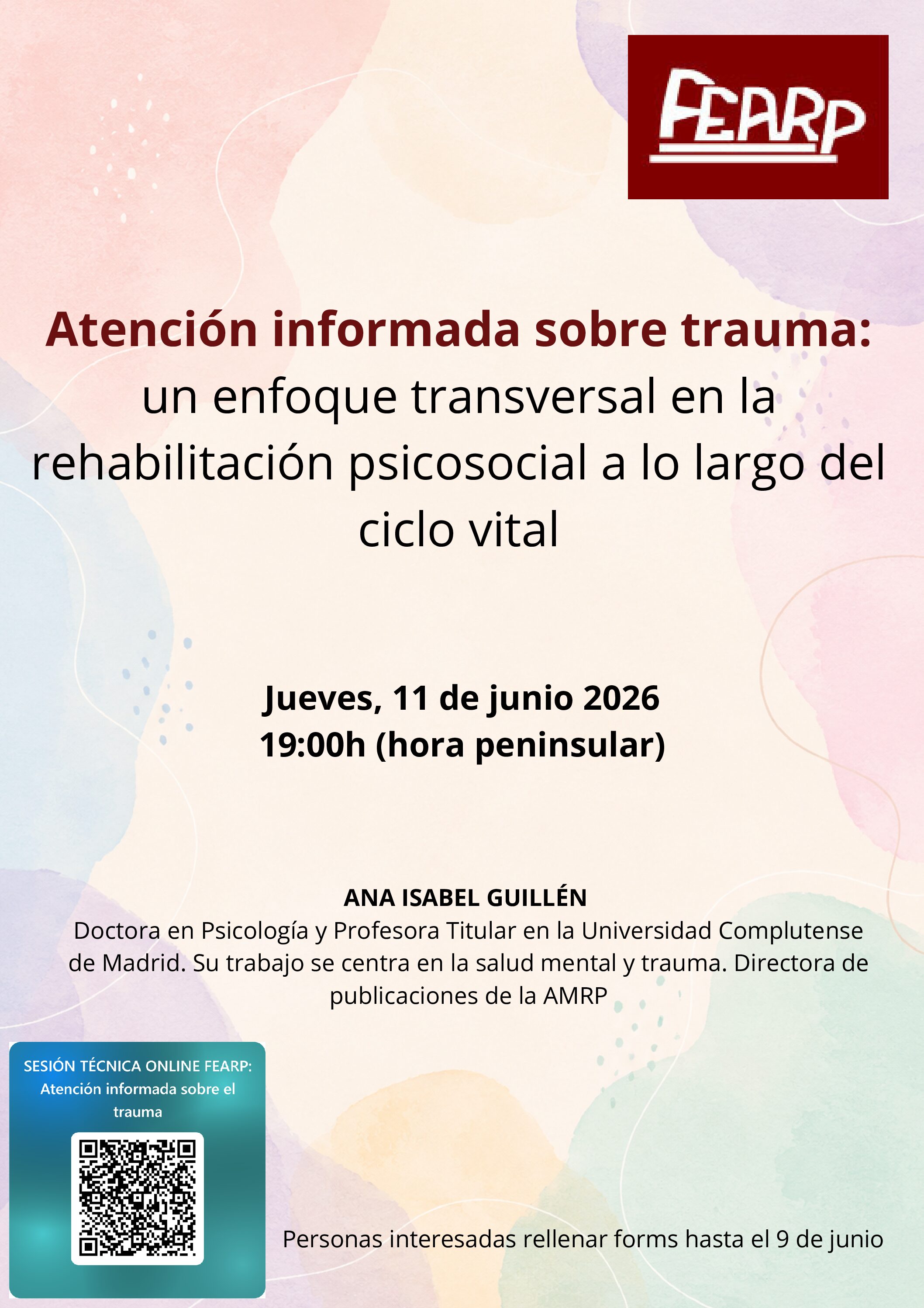 Próxima Sesión Técnica ‘Atención informada sobre trauma: Un enfoque transversal en la rehabilitación psicosocial a lo largo del ciclo vital´